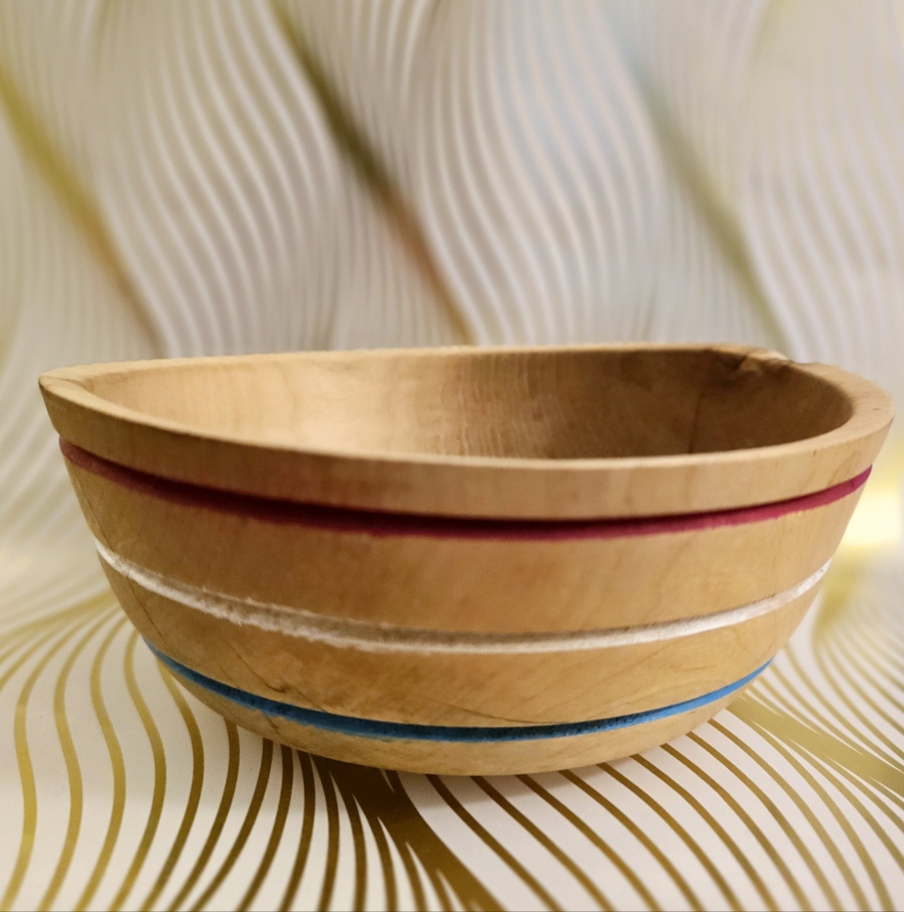 Handcrafted Wooden Bowl with Red, White, & Blue Accents